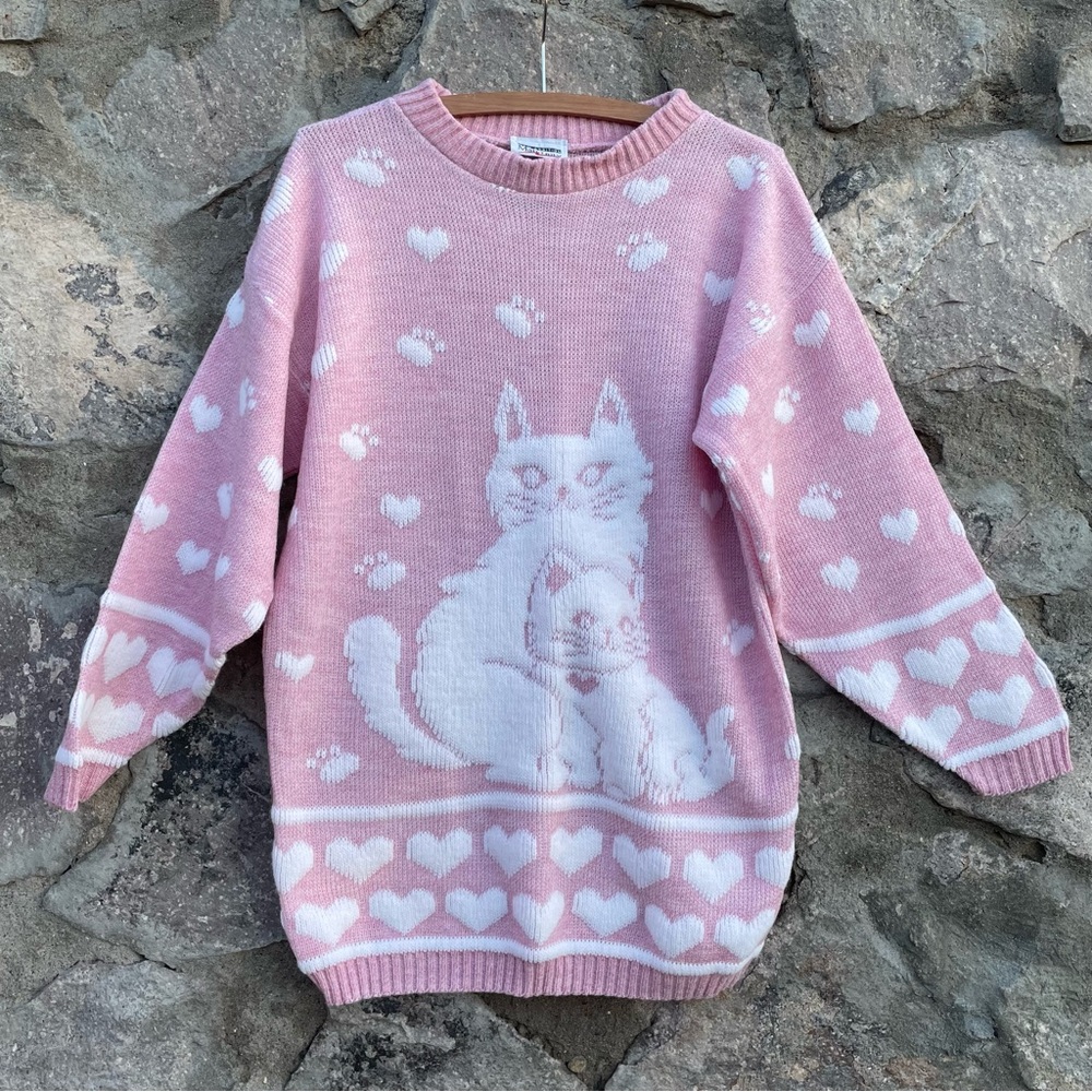 New Addition Maternity | Vintage Light Pink Kitty Cat Hearts Pullover Sweater